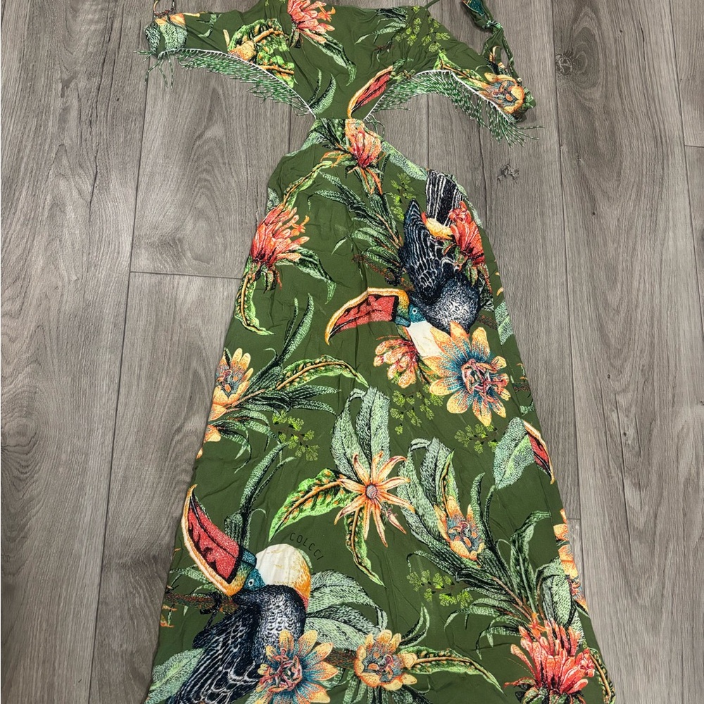 Tropical Green Maxi Dress with Toucan Print